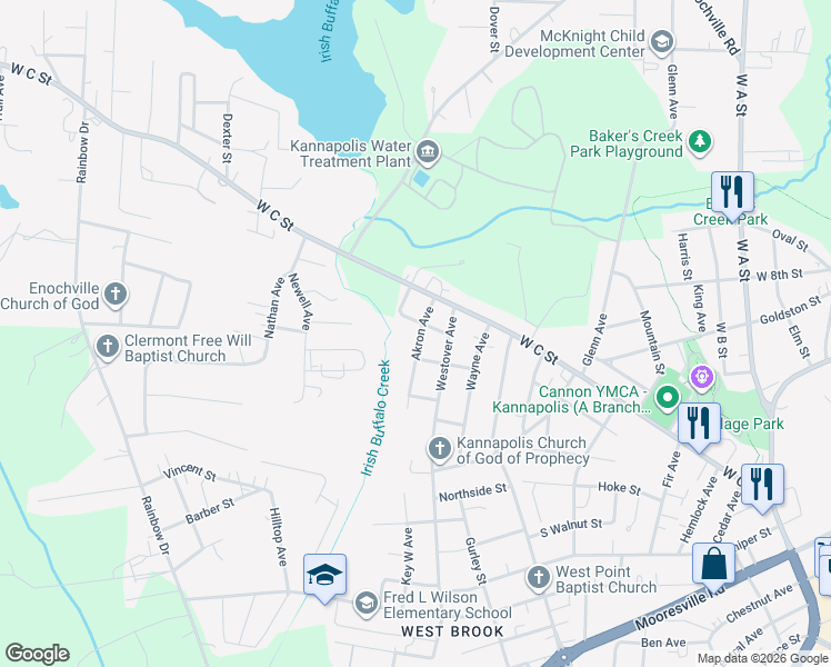 map of restaurants, bars, coffee shops, grocery stores, and more near 100 Akron Avenue in Kannapolis