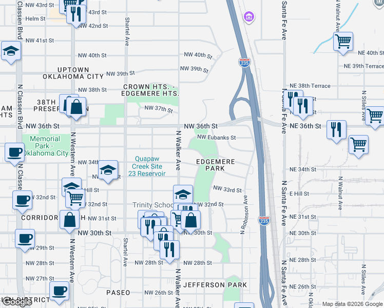 map of restaurants, bars, coffee shops, grocery stores, and more near 412 Northwest 35th Street in Oklahoma City