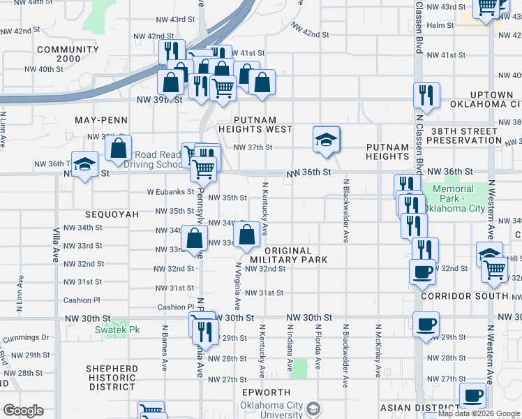 map of restaurants, bars, coffee shops, grocery stores, and more near 1829 Northwest 35th Street in Oklahoma City