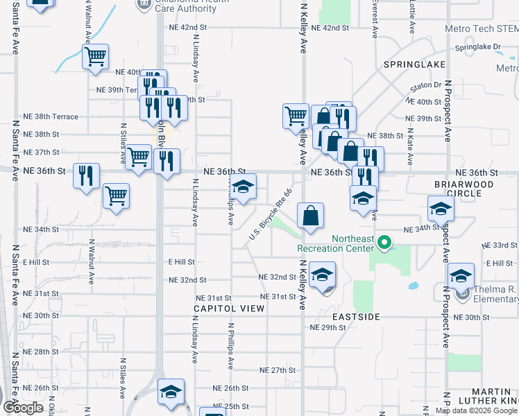 map of restaurants, bars, coffee shops, grocery stores, and more near 3609 North Laird Avenue in Oklahoma City
