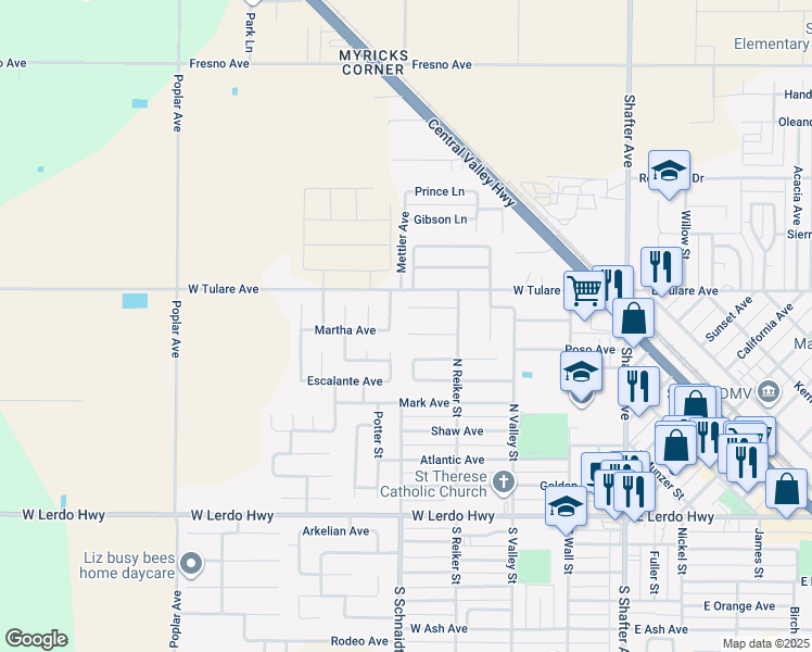 map of restaurants, bars, coffee shops, grocery stores, and more near 486 Enns Road in Shafter