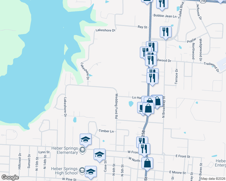 map of restaurants, bars, coffee shops, grocery stores, and more near 1320 Wedding Ford Road in Heber Springs
