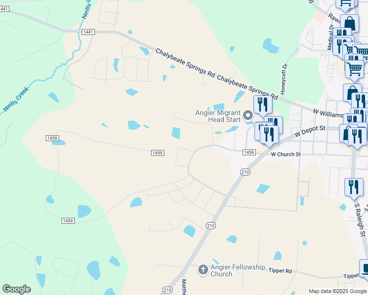 map of restaurants, bars, coffee shops, grocery stores, and more near 62 Sweet Meadow Road in Angier