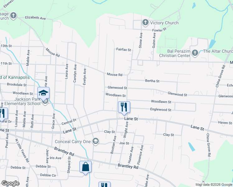 map of restaurants, bars, coffee shops, grocery stores, and more near 1910 Glenwood Street in Kannapolis