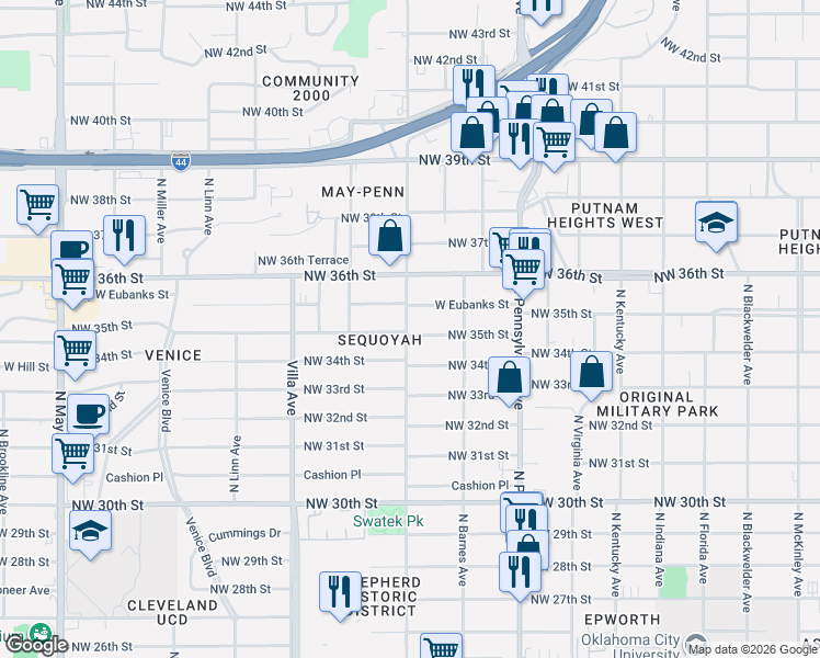 map of restaurants, bars, coffee shops, grocery stores, and more near 2304 West Eubanks Street in Oklahoma City