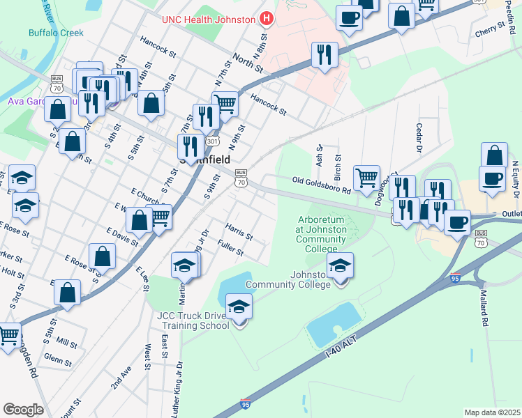 map of restaurants, bars, coffee shops, grocery stores, and more near 1107 Massey Street in Smithfield