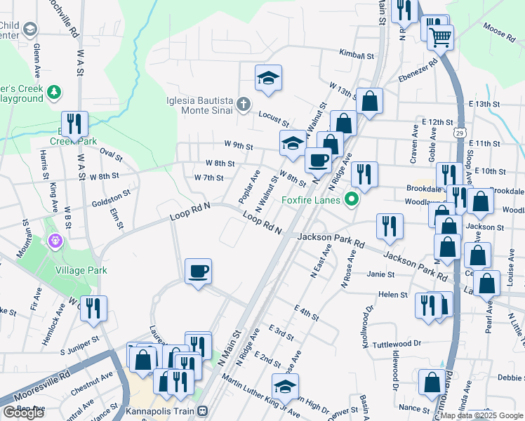 map of restaurants, bars, coffee shops, grocery stores, and more near 604 North Walnut Street in Kannapolis