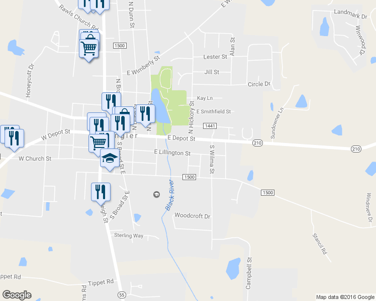 map of restaurants, bars, coffee shops, grocery stores, and more near 331 East Lillington Street in Angier