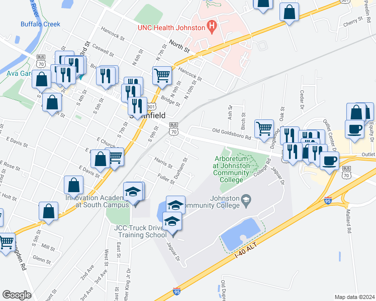 map of restaurants, bars, coffee shops, grocery stores, and more near 1107 Massey Street in Smithfield