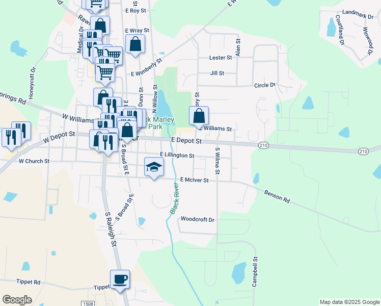 map of restaurants, bars, coffee shops, grocery stores, and more near 313 East Lillington Street in Angier