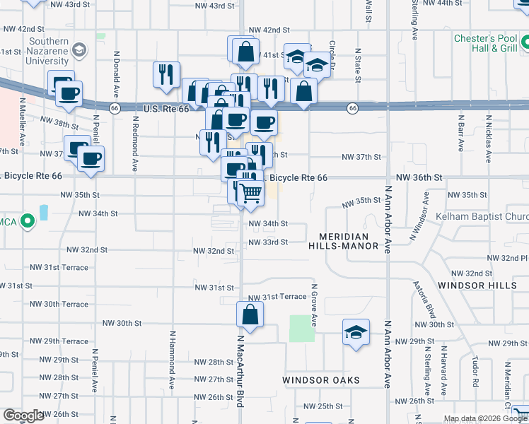 map of restaurants, bars, coffee shops, grocery stores, and more near 5811 Northwest 34th Street in Oklahoma City
