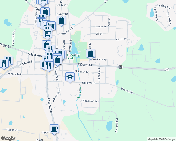 map of restaurants, bars, coffee shops, grocery stores, and more near 331 East Lillington Street in Angier