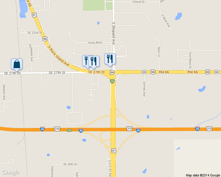 map of restaurants, bars, coffee shops, grocery stores, and more near 3022 South Highway 81 Srv Road in El Reno