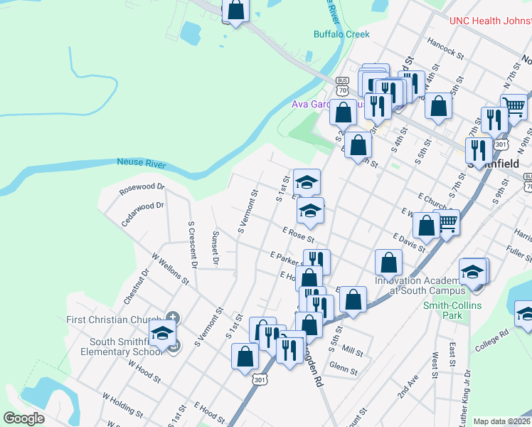 map of restaurants, bars, coffee shops, grocery stores, and more near 510 South 1st Street in Smithfield