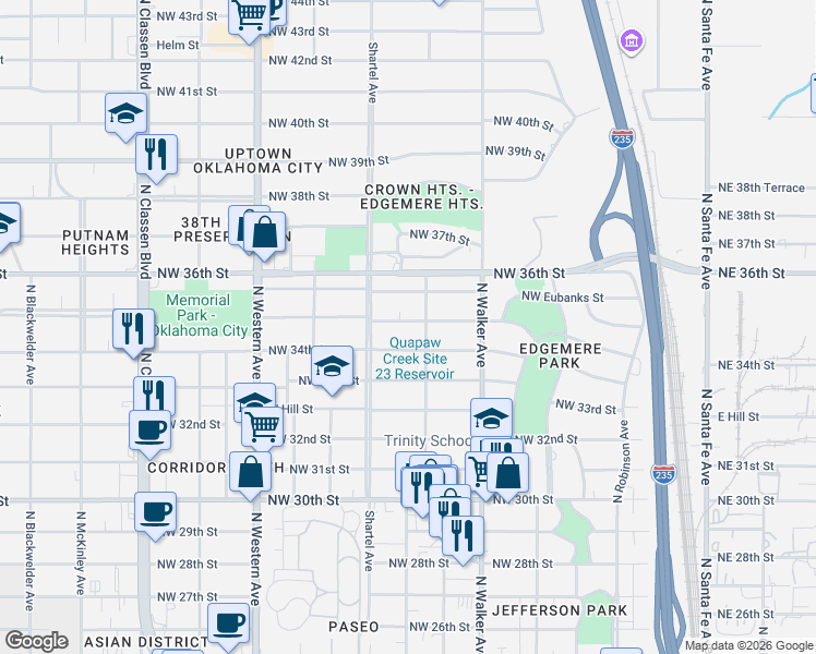map of restaurants, bars, coffee shops, grocery stores, and more near 615 Northwest 35th Street in Oklahoma City