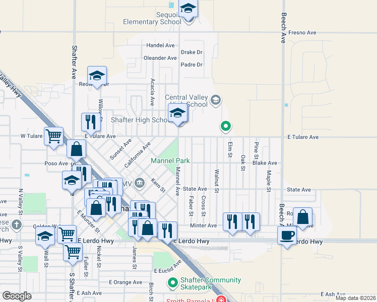 map of restaurants, bars, coffee shops, grocery stores, and more near 444 Faber Street in Shafter
