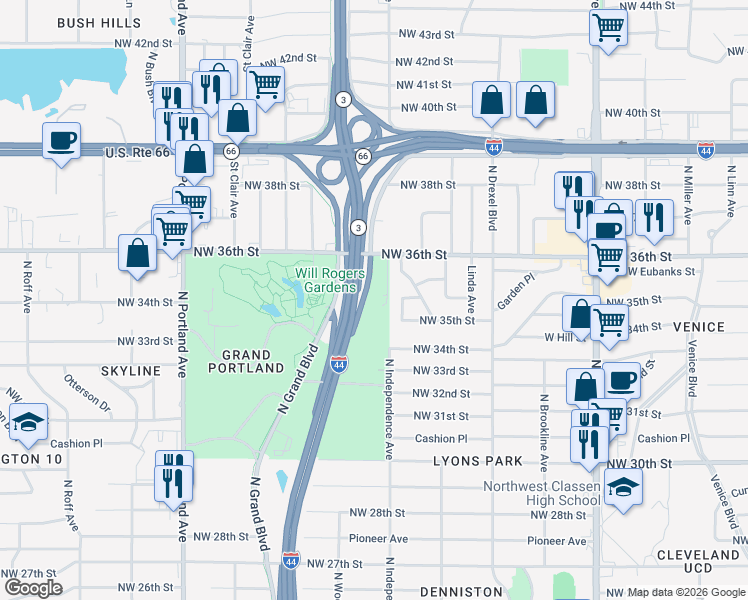 map of restaurants, bars, coffee shops, grocery stores, and more near 3320 Northwest 36th Street in Oklahoma City