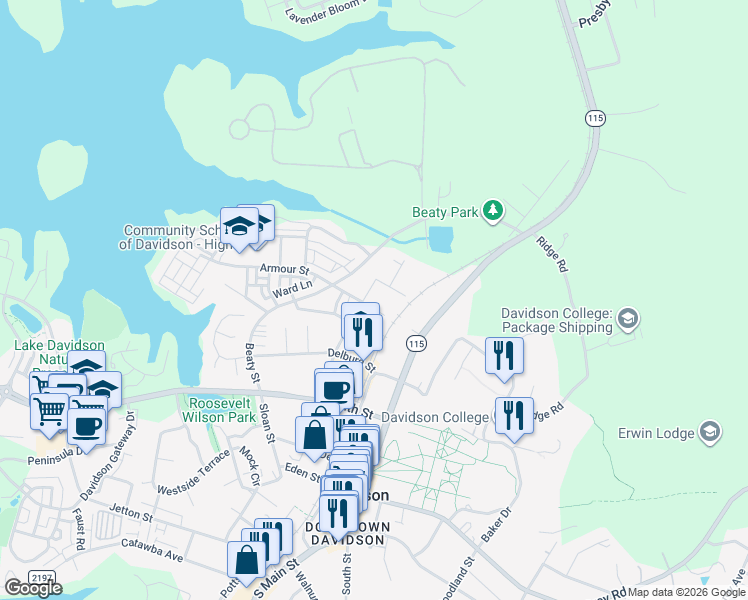 map of restaurants, bars, coffee shops, grocery stores, and more near in Davidson