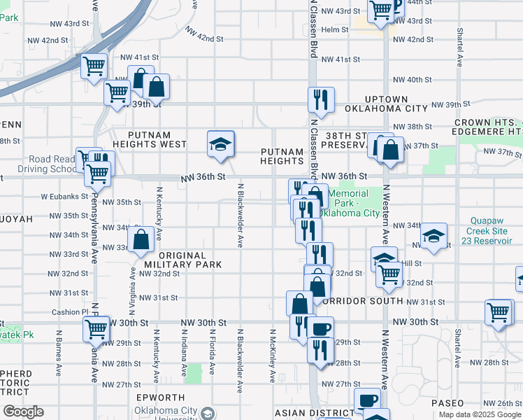 map of restaurants, bars, coffee shops, grocery stores, and more near 1512 Northwest 35th Street in Oklahoma City