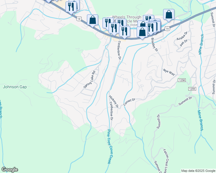 map of restaurants, bars, coffee shops, grocery stores, and more near 424 Timberline Drive in Maggie Valley