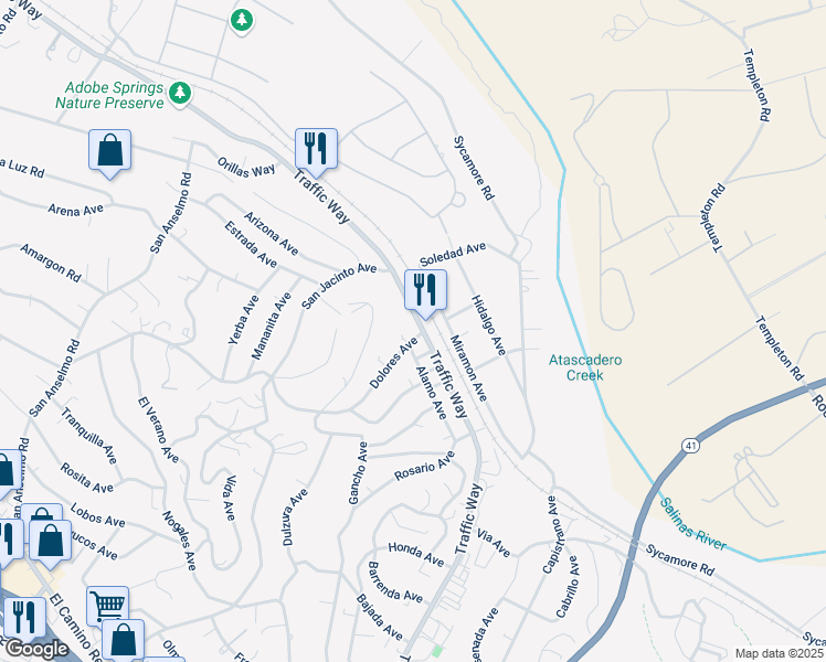 map of restaurants, bars, coffee shops, grocery stores, and more near 4615 Traffic Way in Atascadero