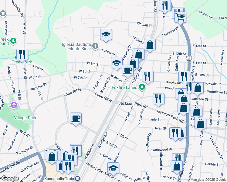map of restaurants, bars, coffee shops, grocery stores, and more near 610 North Juniper Avenue in Kannapolis