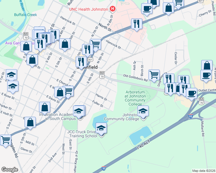 map of restaurants, bars, coffee shops, grocery stores, and more near 1110 Fayetteville Street in Smithfield