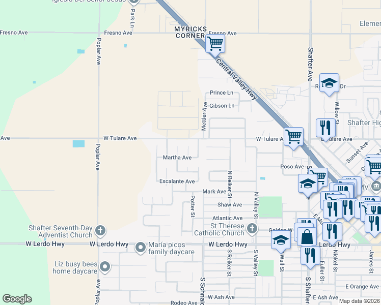 map of restaurants, bars, coffee shops, grocery stores, and more near 486 Emily Way in Shafter