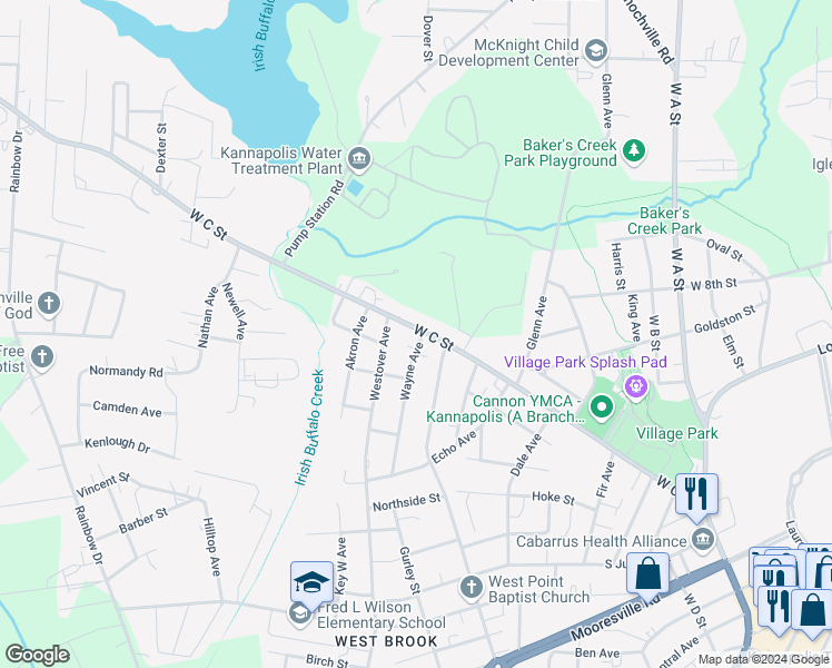 map of restaurants, bars, coffee shops, grocery stores, and more near 100 Wayne Avenue in Kannapolis