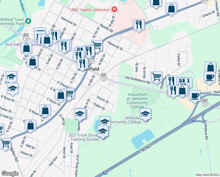 map of restaurants, bars, coffee shops, grocery stores, and more near 1110 Fayetteville Street in Smithfield
