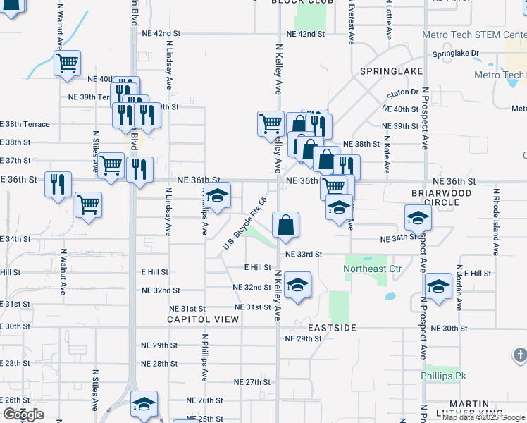 map of restaurants, bars, coffee shops, grocery stores, and more near 3611 Springlake Drive in Oklahoma City