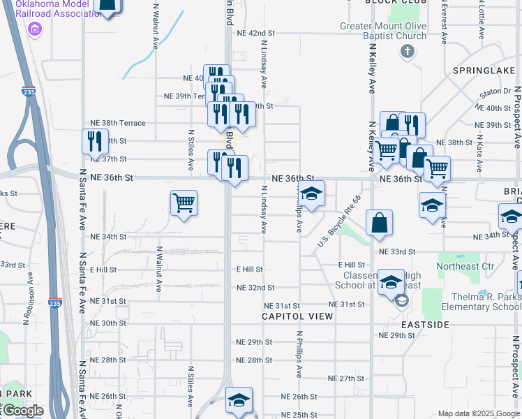map of restaurants, bars, coffee shops, grocery stores, and more near 636 East Eubanks Street in Oklahoma City
