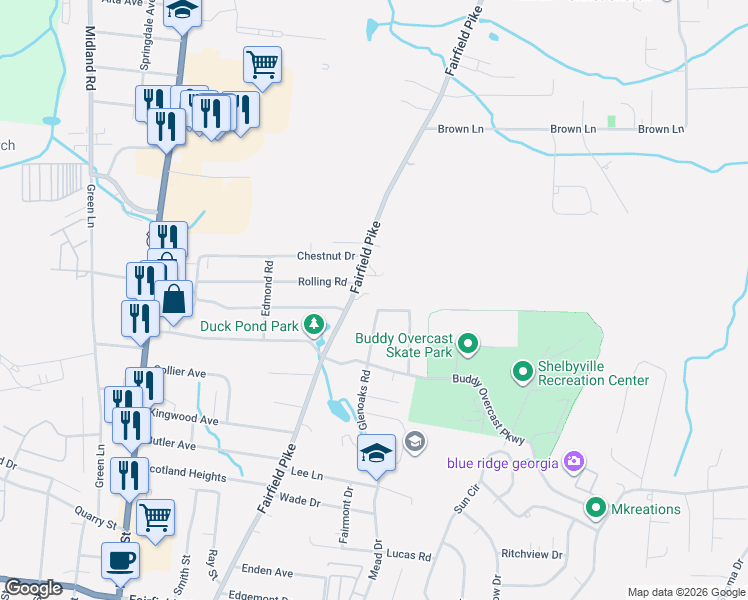 map of restaurants, bars, coffee shops, grocery stores, and more near 1402 Fairfield Pike in Shelbyville