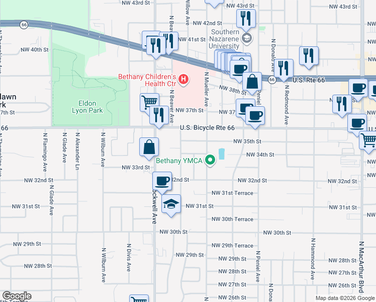 map of restaurants, bars, coffee shops, grocery stores, and more near 6905 Northwest 34th Street in Bethany