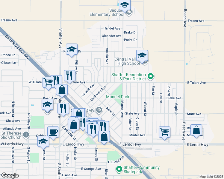 map of restaurants, bars, coffee shops, grocery stores, and more near 731 Central Avenue in Shafter