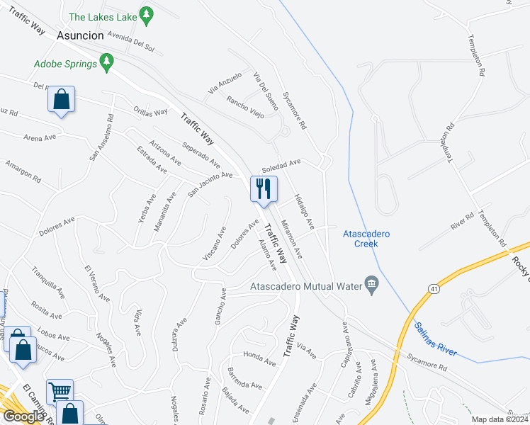 map of restaurants, bars, coffee shops, grocery stores, and more near 4615 Traffic Way in Atascadero