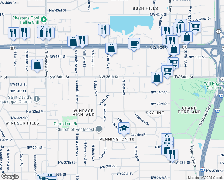 map of restaurants, bars, coffee shops, grocery stores, and more near 4043 Northwest 34th Street in Oklahoma City