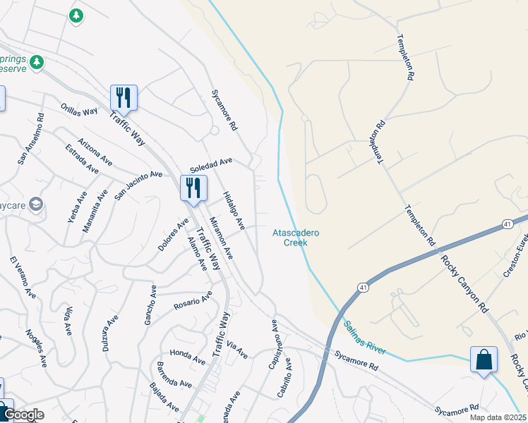 map of restaurants, bars, coffee shops, grocery stores, and more near 4725 Sycamore Road in Atascadero