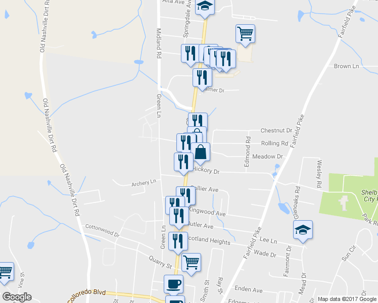 map of restaurants, bars, coffee shops, grocery stores, and more near 1610 N Main St in Shelbyville