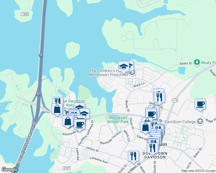 map of restaurants, bars, coffee shops, grocery stores, and more near in Davidson