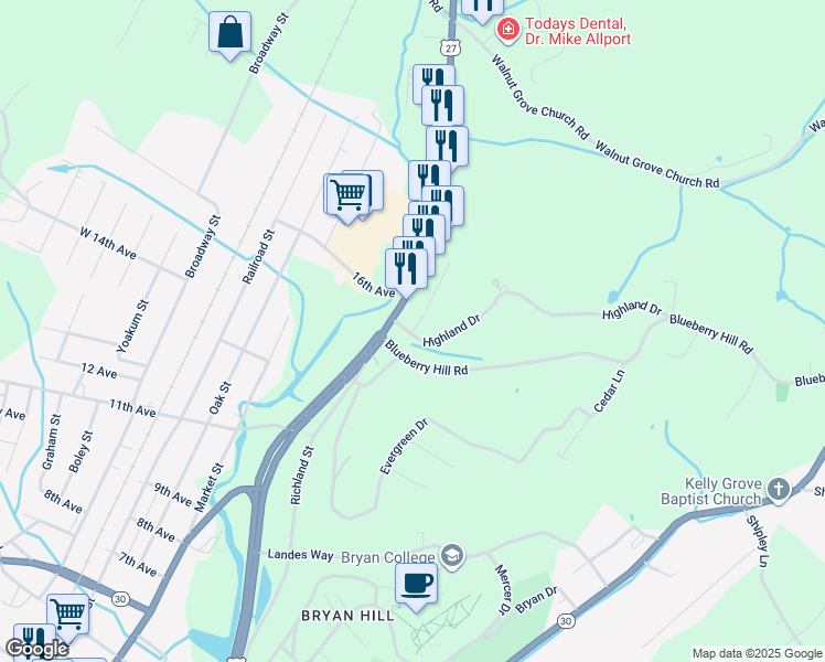 map of restaurants, bars, coffee shops, grocery stores, and more near 166 Cherryhill Street in Dayton
