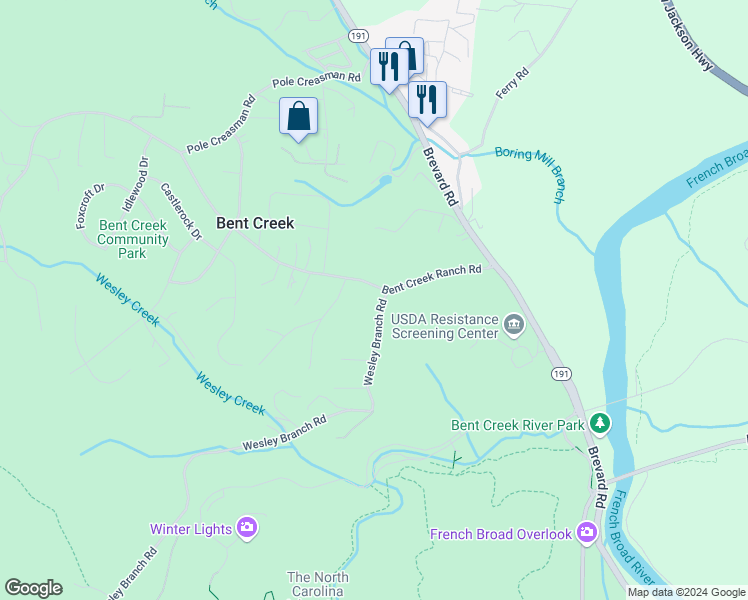 map of restaurants, bars, coffee shops, grocery stores, and more near 234 Bent Creek Ranch Road in Asheville