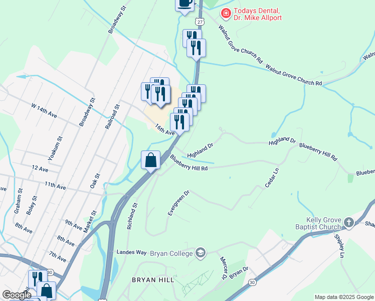 map of restaurants, bars, coffee shops, grocery stores, and more near 166 Cherry Hill Drive in Dayton