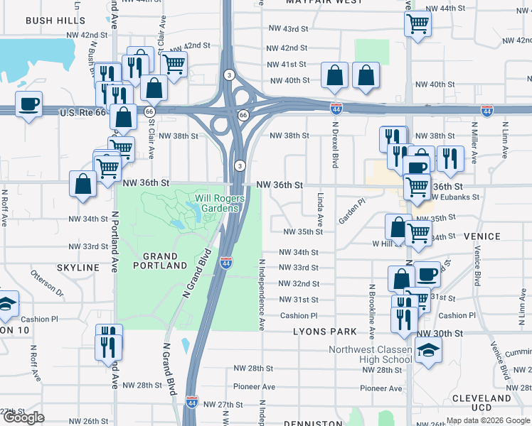 map of restaurants, bars, coffee shops, grocery stores, and more near 3320 Northwest 36th Street in Oklahoma City