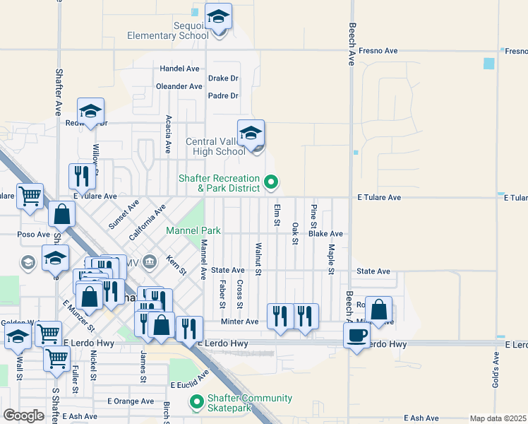 map of restaurants, bars, coffee shops, grocery stores, and more near 447 Elm Street in Shafter
