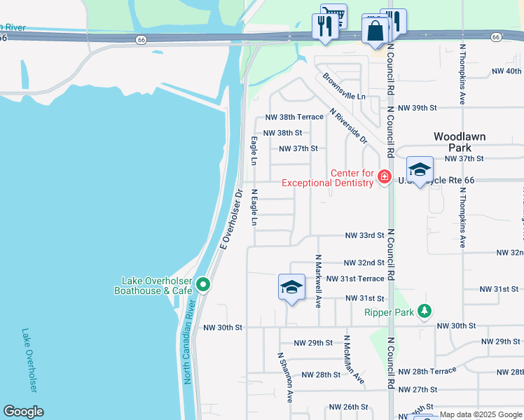 map of restaurants, bars, coffee shops, grocery stores, and more near 8328 Northwest 35th Street in Bethany