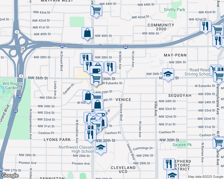 map of restaurants, bars, coffee shops, grocery stores, and more near 2743 Northwest 35th Street in Oklahoma City