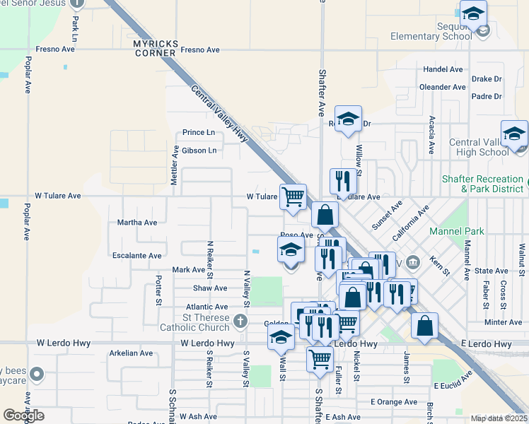 map of restaurants, bars, coffee shops, grocery stores, and more near 210 Colvard Street in Shafter