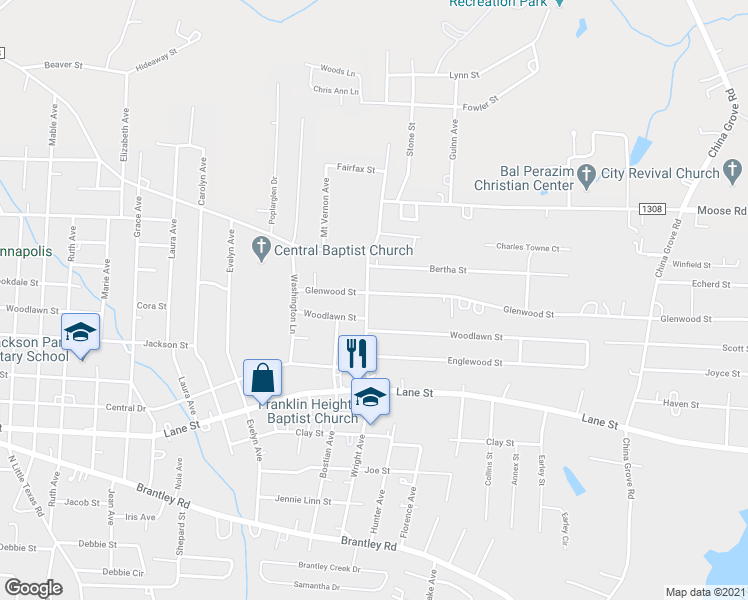map of restaurants, bars, coffee shops, grocery stores, and more near 2100 Glenwood St in Kannapolis