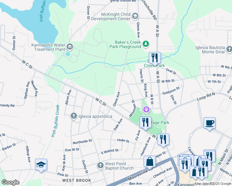 map of restaurants, bars, coffee shops, grocery stores, and more near 301 Glenn Avenue in Kannapolis